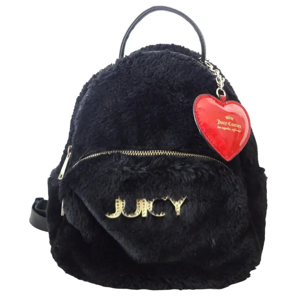Juicy Couture Back Faux Fur Mini Small Backpack Red Heart Charm Gold Rhinestones